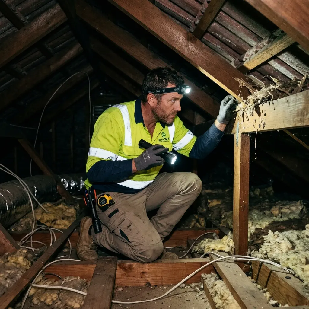 Technician inspecting a roof cavity for a dead animal in Freshwater Creek