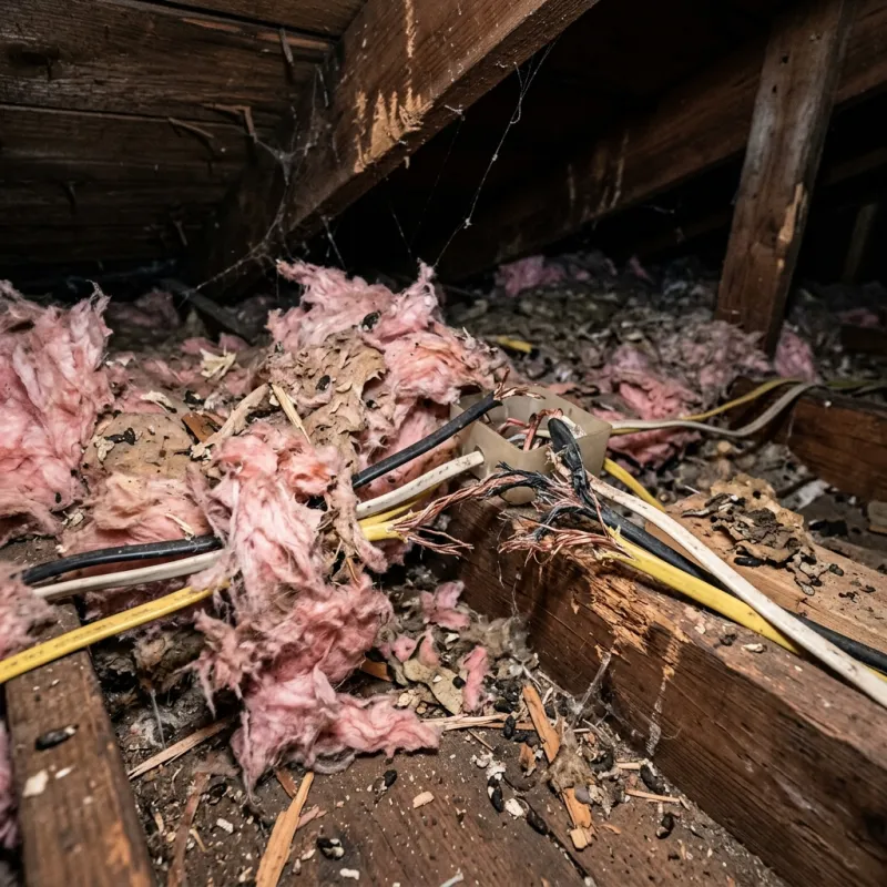 Contaminated ceiling insulation being assessed in a Freshwater Creek roof space