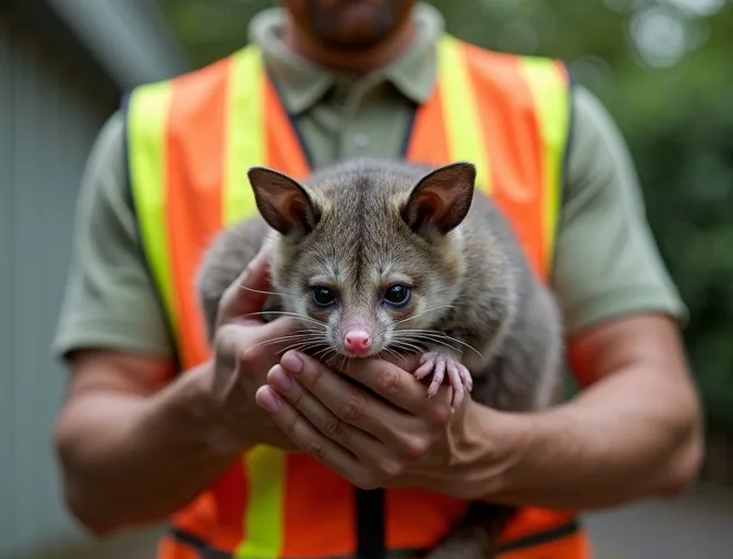 Animal handler safely recovering a deceased possum in Freshwater Creek