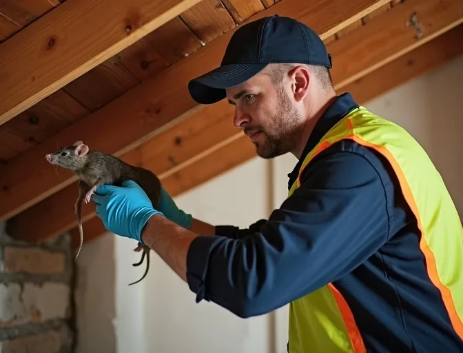 Technician inspecting a roof cavity for a dead rat in Freshwater Creek